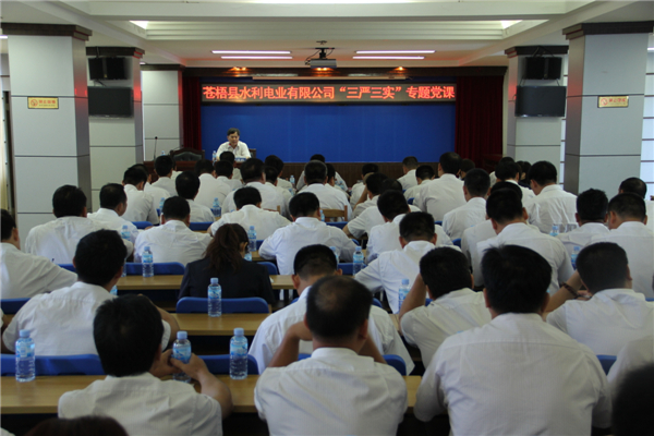 6月5日，蒼梧縣水利電業(yè)有限公司開(kāi)展 “三嚴(yán)三實(shí)”專題教育黨課暨黨風(fēng)廉政教育培訓(xùn)，黨課邀請(qǐng)蒼梧縣人民檢察副檢察長(zhǎng)莫孔文為